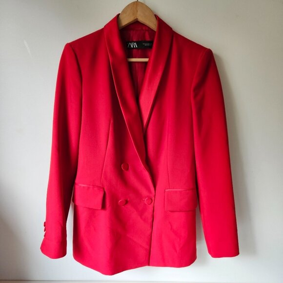 ZARA Red Tuxedo Blazer Satin Collar Jacket Sz M Double Breasted Party 7906/783 - Picture 3 of 10